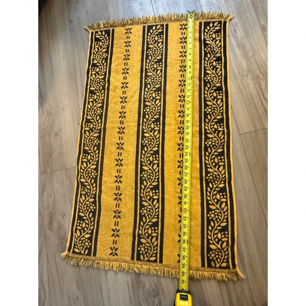 Vintage Martex Bath Towel Yellow Navy Blue Floral Reversible Fringe‎ 100% Cotton